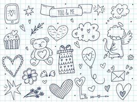 Big set of cute hand-drawn doodle elements about love. Message stickers for apps. Icons for Valentines Day, romantic events and wedding. A checkered notebook. vector