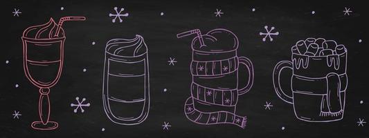 Set of a warming winter drinks on a black chalk board. Vector illustration in doodle style. Winter mood. Hello 2023. Merry Christmas and Happy New Year.