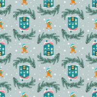 Seamless pattern with festive Christmas houses, gingerbread men, tree branches and snowflakes on blue background. Bright print for New Year and winter holidays for wrapping paper, textiles and design. vector