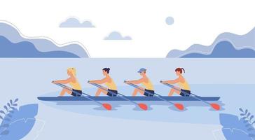 Four female athletes are swimming on boat. The concept of rowing competitions. Vector illustration in flat design style.