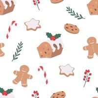 Seamless pattern in flat style, christmas sweets. Repeating background for seasonal design. Christmas cupcake, cookies, lollipop and other. vector