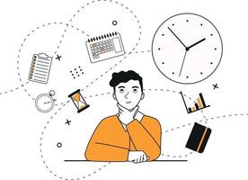 A young man sits and reflects on the topic of time management. Around icons clock, calendar, chart, stopwatch, daily planner. Flat vector illustration.