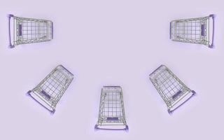 Pattern of many small shopping carts on a violet background. Minimalism flat lay top view photo