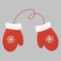 Red mittens on a thread with snowflakes. Vector mittens of red color. Gloves with snowflakes.