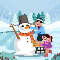 Kids Build Big Snowman on a Snowy Day vector