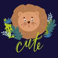 Wildlife animals. Cute lion with simple greens vector illustration. Jungle life clipart vector design