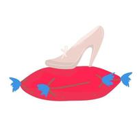 el diseño plano protagoniza a las princesas, el vector de la leyenda de la belleza de la moda. Zapatilla de cristal de hermosa elegancia con diamantes o zapato limpio y transparente como el hielo de Cenicienta en una almohada o cojín rojo