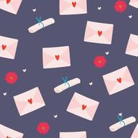 Vector. Cute seamless pattern of love with envelopes, mail, on a white background. Doodle illustration in cartoon style. Valentine s Day design for print and textile, wallpaper, wrapping paper. vector