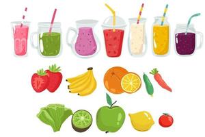 Drinks with fresh fruits, smoothie berries.Juices with pieces strawberry,blueberry and mango.Healthy detox. Set cold jars with tasty smoothies for hot season.Bright template for design. Vector