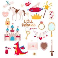 conjunto de unicornios de fantasía y otros artículos personajes de cuentos de hadas para niñas princesas vector