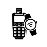 Electronic RFID Watch for Cashless Pay Icon. Wireless Payment on POS by using Smartwatch Silhouette Icon. NFC Digital Paying Transaction on Terminal Glyph Pictogram. Isolated Vector Illustration.