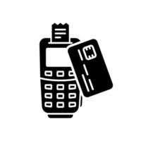 pago sin contacto en el icono de silueta pos. toque la tarjeta bancaria en el terminal para transacciones inalámbricas pictograma de glifo de tecnología nfc. pago con tarjeta de crédito en el icono de la terminal. ilustración vectorial aislada. vector