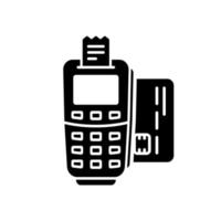 pago con tarjeta de crédito en el icono de silueta de la tecnología terminal nfc. pago sin contacto en el pictograma de glifo pos. toque la tarjeta bancaria en el terminal para ver el icono de transacción inalámbrica. ilustración vectorial aislada. vector