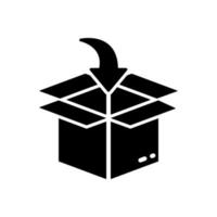 Packing Cardboard Pointing Arrow Down Inside Silhouette Icon. Put in Carton Parcel Box Freight Delivery Service Glyph Pictogram. Cargo Distribution Container Icon. Isolated Vector Illustration.