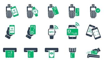 Pay Transaction by Mobile Phone, Smart Watch, Credit Card on POS Silhouette Icon Set. NFC Cashless Wireless Payment Technology Glyph Pictogram. ATM Money Withdraw Icon. Isolated Vector Illustration.