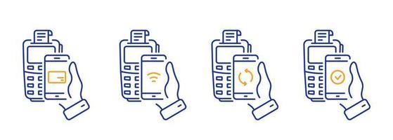 Smartphone NFC Technology Bank POS Processing Line Icon. Process of Payment on Terminal Pictogram Set. Check Cashless Payment Transaction Outline Icon. Editable Stroke. Isolated Vector Illustration.