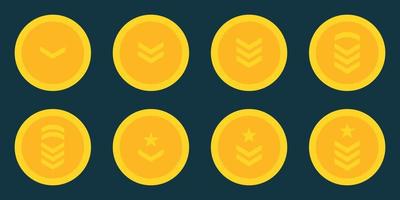 Army Rank Gold Icon. Military Badge Insignia Symbol. Chevron Star and Stripes Logo. Soldier Sergeant, Major, Officer, General, Lieutenant, Colonel Emblem. Isolated Vector Illustration.