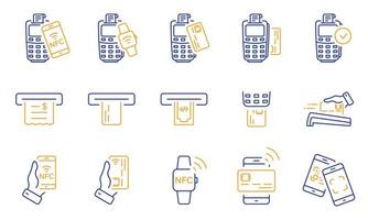 NFC Technology Wireless Payment on Terminal Line Icon Set. POS Pay Transaction by Mobile Phone, Smart Watch, Credit Card Pictogram. ATM Money Withdraw. Editable Stroke. Isolated Vector Illustration.