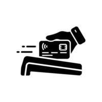 Cashless Money Transaction Electronic POS Silhouette Icon. Wireless Connection Payment Terminal Glyph Pictogram. Hand Hold Credit Card Pay Bank Reader Terminal Icon. Isolated Vector Illustration.