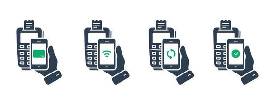 proceso de pago en terminal por conjunto de iconos de silueta de teléfono móvil. pictograma de procesamiento bancario pos y smartphone. compruebe el icono de la tecnología nfc de la transacción de pago sin efectivo. ilustración vectorial aislada. vector