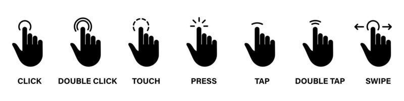 icono de silueta de ratón de computadora de mano de cursor. Conjunto de pictogramas de glifo negro de dedo puntero. haga clic en presione doble toque toque el gesto del punto de deslizamiento en el signo del sitio web del ciberespacio. ilustración vectorial aislada. vector