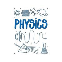 Physics doodle with light prism, sound waves and atom. Hand drawn science items isolated in white background. Card with doodle vector illustration