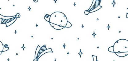 Space doodle with planets, moon, stars and comets. Outer space seamless pattern. Hand drawn vector illustration