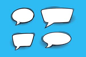 Speech bubbles with halftone shadows in comic style. Circular and rectangular speech boxes isolated in blue background. Vector illustration