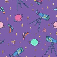 Space doodle with telescope, planets, moon, stars and comets. Outer space seamless pattern. Hand drawn vector illustration