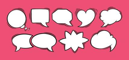Speech bubbles in oval, rectangular, heart and star shapes. Set of speech boxes isolated in red background. Vector illustration