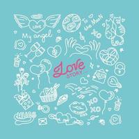 Doodle about love. Print with hearts and other love symbols. Vector illustration