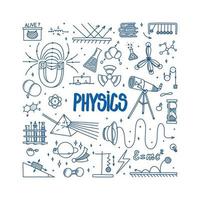 Physics doodle with magnet, prism, telescope and atom. Hand drawn science items. Physics theory elements and formula equation isolated in white background. Doodle vector illustration