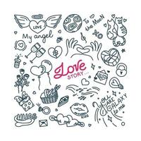 Doodle about love. Print with hearts and other love symbols. Vector illustration