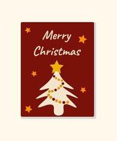 Merry Christmas card. Beige, yellow, orange and red colors. Christmas tree and stars. Vector illustration.