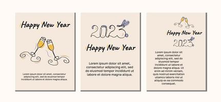 Set of new year cards with glasses of champagne and text 2023. Vector illustration.