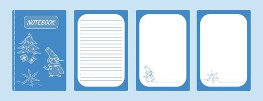 el juego cubre el cuaderno azul, el arte lineal. árbol de navidad, copo de nieve, regalos, muñeco de nieve. ilustración vectorial vector