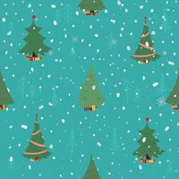 Vector illustration of the pattern of Christmas trees. Seamless drawing for the new year. Packaging paper on a blue background.