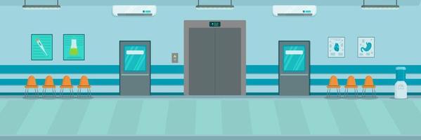 Vector illustration of the hospital hall. Corridor of a medical facility. Background interior.