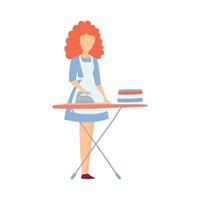 Vector illustration of an isolated housewife at work. A character in a flat style, a woman ironing her clothes.