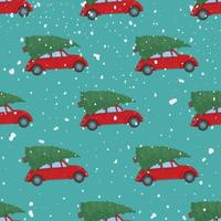 Vector illustration of the New Year pattern with red cars and Christmas trees. Pattern on blue background.
