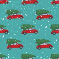 Vector illustration of the New Year pattern with red cars and Christmas trees. Pattern on blue background.