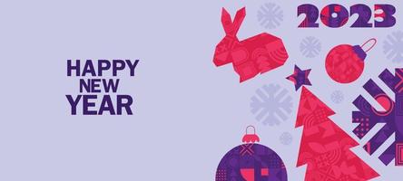 Merry Christmas and Happy New Year banner. Trendy modern Xmas design with abstract geometric elements, Christmas tree, snowflake, bunny, rabbit. Horizontal poster, greeting card, sale banner website vector