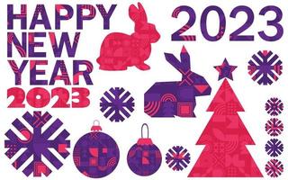 Set of 2023 new year merry christmas design ellements. abstract geometric shape. Christmas tree, snowflake,bunny, rabbit. vector