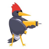 Woodpecker with hand drill icon, cartoon style vector