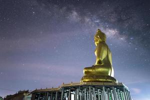 The Milky Way galaxy at the above of big Buddha statue in Phutthamonthon buddhist park in Chiang Rai province of Thailand.