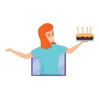 Birthday cake online party icon, cartoon style vector