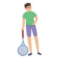 Boy lowered tennis racket icon, cartoon style vector