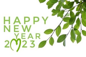 'HAPPY NEW YEAR 2023' in green color with ficus branches and leaves background, concept for greeting invitation card and happy new year 2023 concept. photo