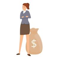 Successful business woman money bag icon, cartoon style vector