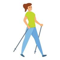 Girl nordic walking icon, cartoon style vector